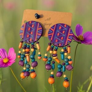 Wooden Colorful Beaded Dangle Earrings